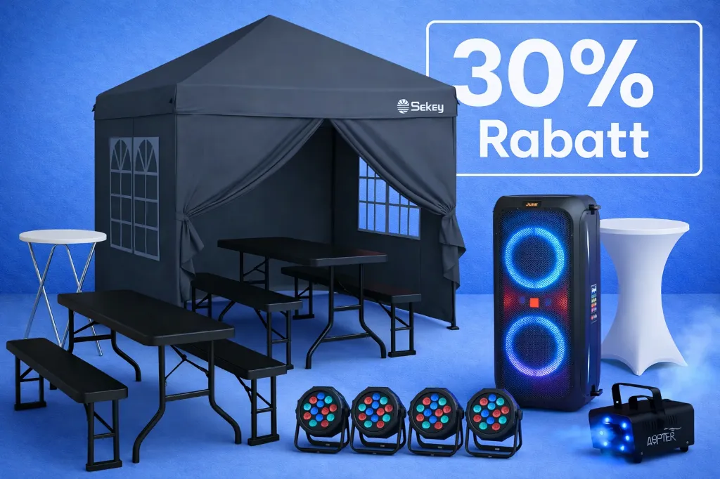 Gartenparty Deluxe – Pavillon, 2x Bierzeltgarnitur, 2x Stehtisch, JBL Partybox, 4 Pack LEDS, Nebelmaschine