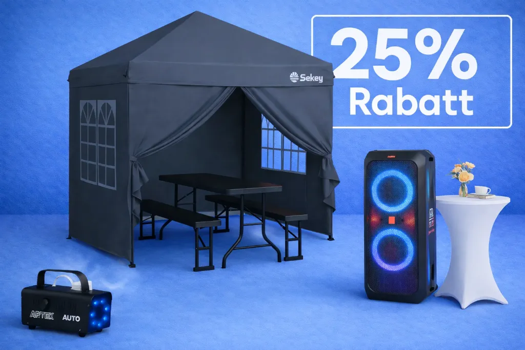 Gartenparty: Pavillon, 1x Bierzeltgarnitur, 1x Stehtisch, JBL Partybox