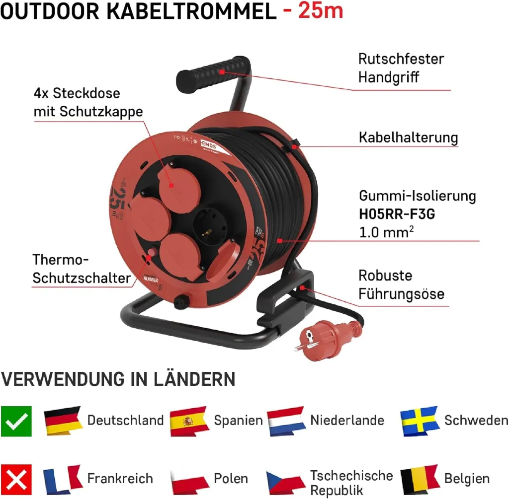 Kabeltrommel 25m - 4 Schuko-Steckdosen - IP44 für Außenbereich – Bild 2