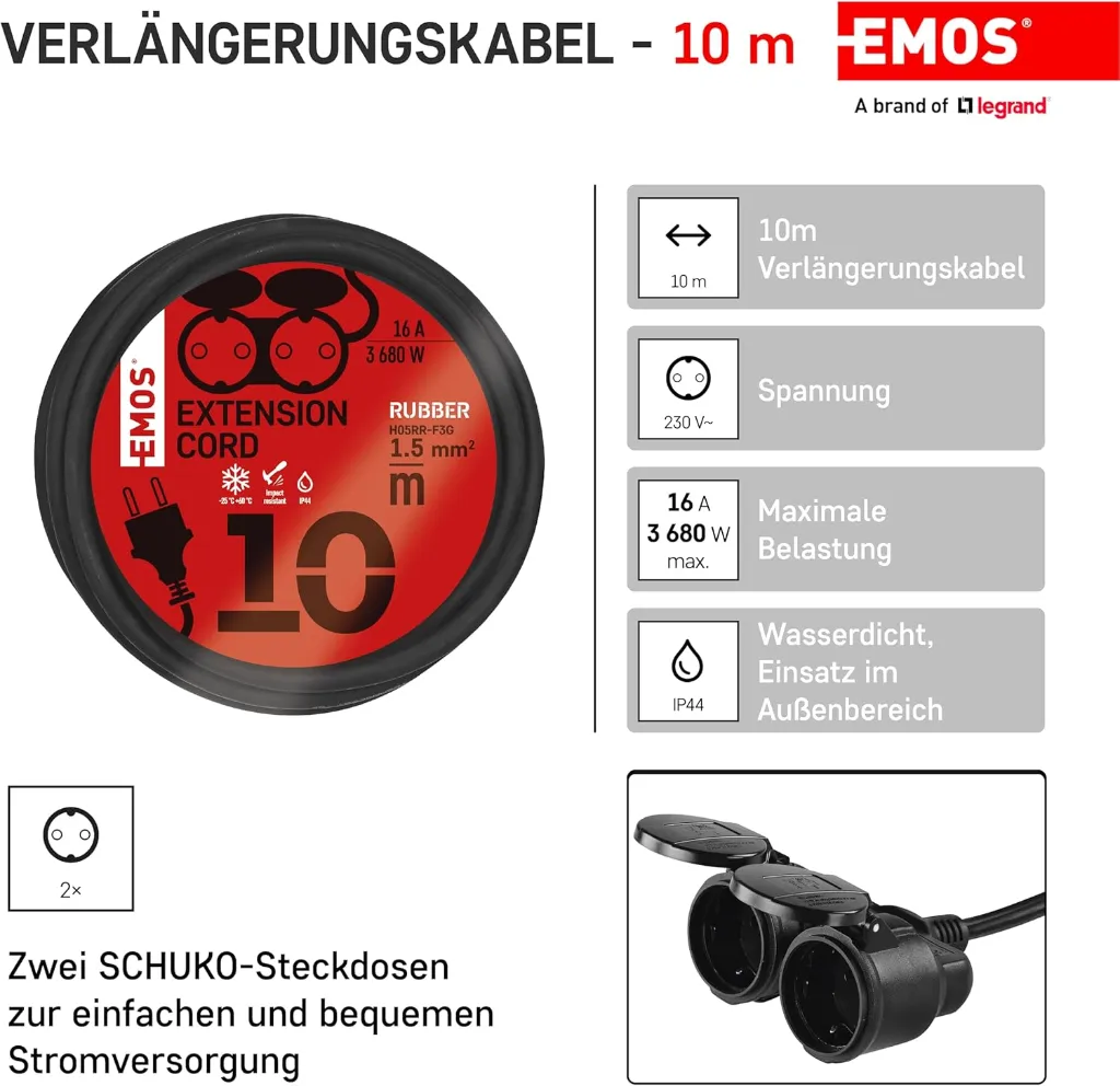 IP44 Verlängerungskabel 10m - 2 Schuko-Steckdosen – Bild 2