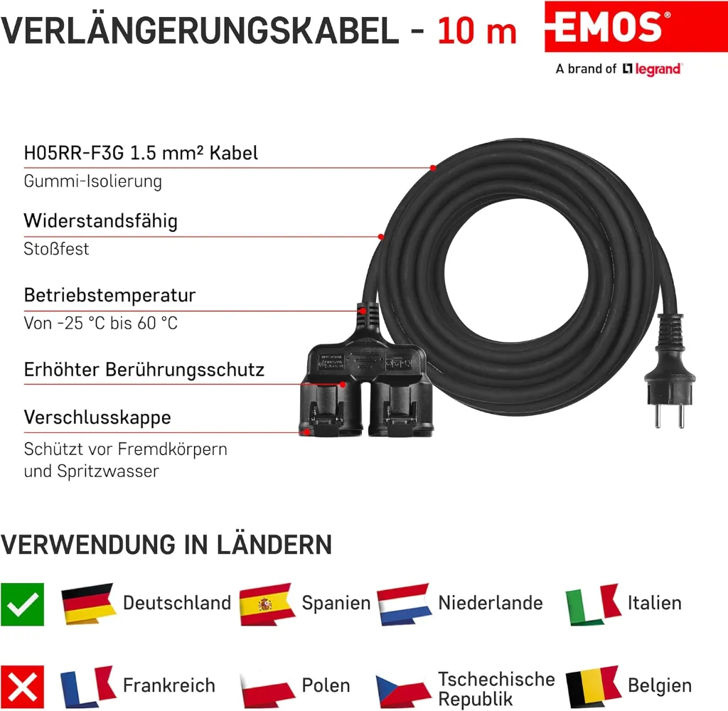 IP44 Verlängerungskabel 10m - 2 Schuko-Steckdosen – Bild 3