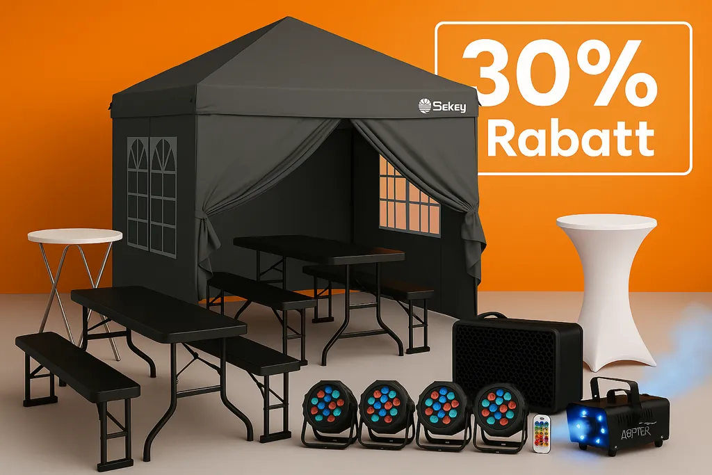 Gartenparty Deluxe – Pavillon, 2x Bierzeltgarnitur, 2x Stehtisch, Soundboks Go, 4 Pack LEDS, Nebelmaschine