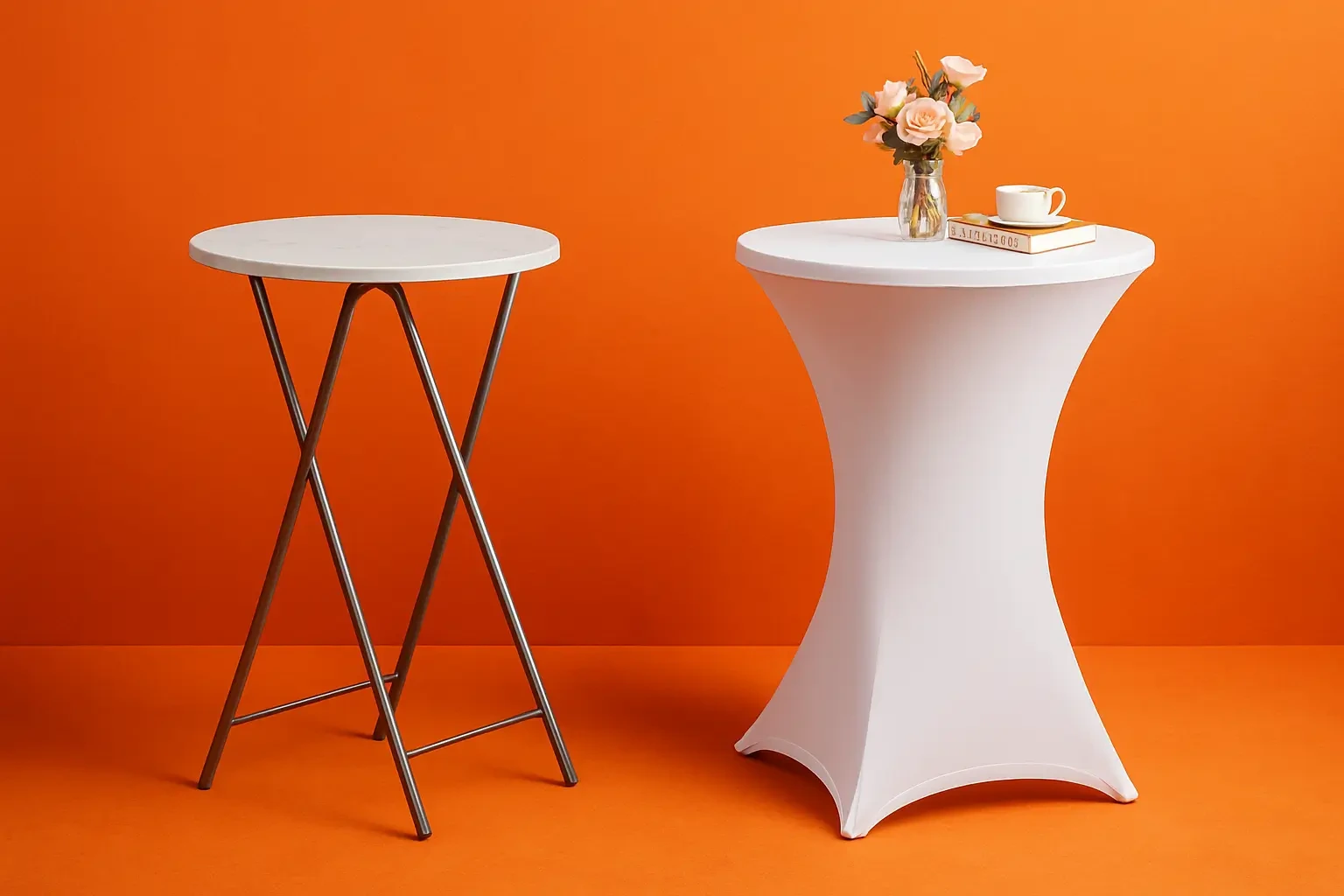 Stehtische – 4x Stehtisch mit weißen Hussen