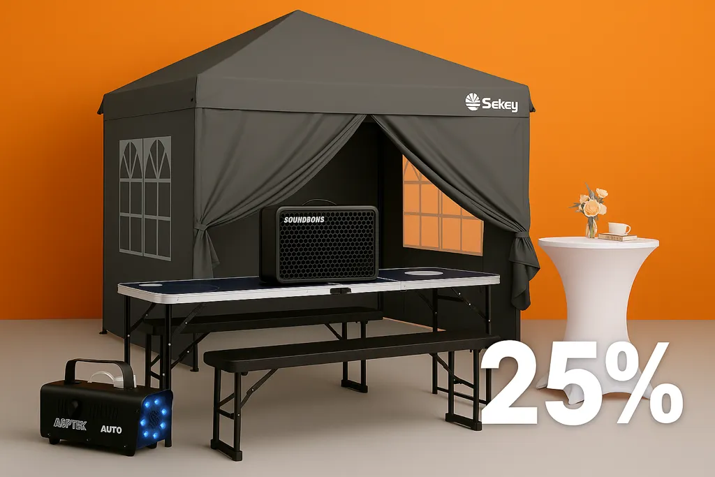 Gartenparty: Pavillon, 1x Bierzeltgarnitur, 1x Stehtisch, Soundboks